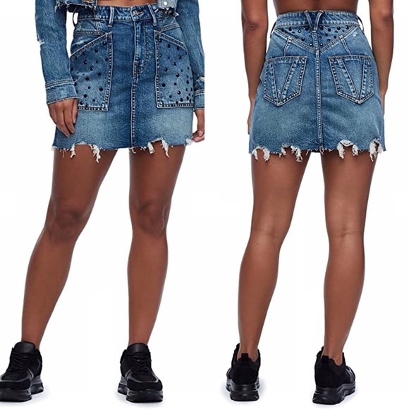 NWT True Religion Women's Hw Denim Skirt W Print Embellishment - Picture 1 of 6